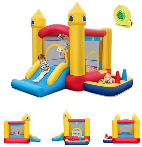 GOPLUS Château Gonflable 4-en-1 pour Enfants, Aire de Jeux Gonflable avec Souffleur 450 W, Toboggan, Piscine, Espace de Saut, Panier de Basket, Convient 2 Enfants de 90KG (4-en-1, Avec Souffleur 450W)