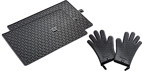 ZWILLING BBQ+ 3-Piece Grill Mat & Heat-Resistant Silicone Gloves Set – Includes BPA-Free BBQ Mat, Dual-Layer Grill Gloves – Non-Slip, Heat Safe, Dishwasher Safe – Outdoor Grilling Accessories