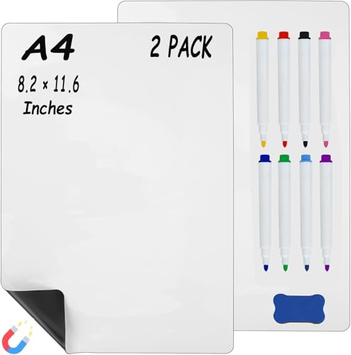 Hiziwimi 2 pièces tableaux blancs magnétiques pour le frigo, Format A4 | 11,6 × 8,2 pouces, aimantés, avec 8 marqueurs et 1 effaceur, pour listes de courses, notes, rappels, organisation familiale