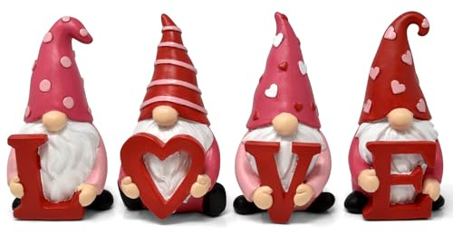 Gift Boutique - Valentine's Day Gnomes Figurine Tabletop Decor Set of 4 Holiday Valentine Gnome Sculpture Decoration Resin Love Figurines Decorative Table Centerpiece for Home Party Supplies Decor
