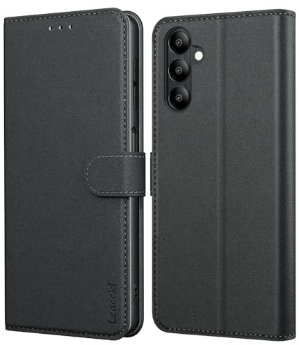 Leacckl Mobiltelefonfodral för Samsung Galaxy A05s, premium PU-läder, plånbok, stöttålig, [magnet] [stativfunktion] [kortfickor] skyddsfodral, vikbart fodral för Samsung Galaxy A05s, svart