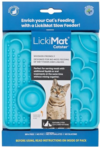 LickiMat Catster Cat Food Mat - Cat Slow Feeder with Micro Dish for Added Hydration - Perfect for Food, Treats, Yoghurt & Anxiety Relief for Cats - Fun Alternative to Slow Feeder Cat Bowl - Turquoise