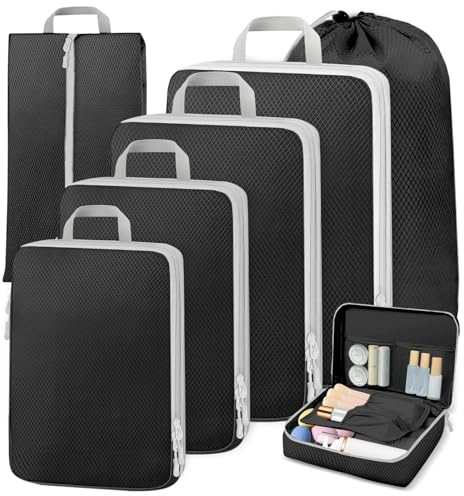 Otauoaea Koffer Organizer Set 7-Teilig, Erweiterbares Kompression Packwürfel, Compression Packing Cubes für Rucksack - Packwürfel für Kleidung Schuhe Unterwäsche, Schwarz