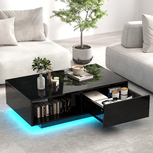 LIFEZEAL Tavolino da Salotto con Luci a LED, 1 Cassetto, 1 Scomparto, Colori, Luminosità Regolabili, Moderno, Basso, Remoto Controllo, Tavolino da Caffè, Soggiorno, Max 65kg, 95x55x31cm, Nero Lucido