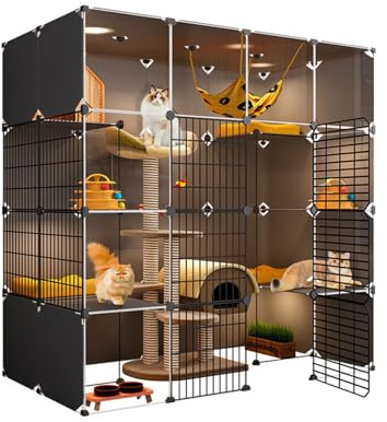 JITEM 4-stufiger großer Katzenkäfig für den Innenbereich, DIY-Laufstall, abnehmbare Katzengehege aus Metalldraht mit Katzenhängematte, Katzentoilette, Bett, Schüssel, Leiter