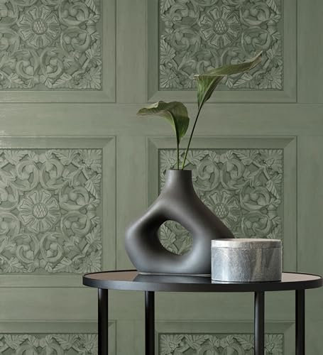 GAULAN 682361 - Carta da parati con boiserie barocca verde effetto legno intagliato senza rilievo per pareti soggiorno camera da letto corridoio sala da - Rotolo di 10 m x 0,53 m