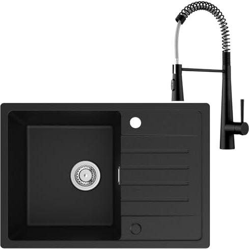CECIPA Spülbecken mit Armatur 65 x 45 cm, Küchenspüle aus Granit, Reversible Installation, Einbauspüle mit Siphon und Ab- und Überlaufgarnitur in Schwarz