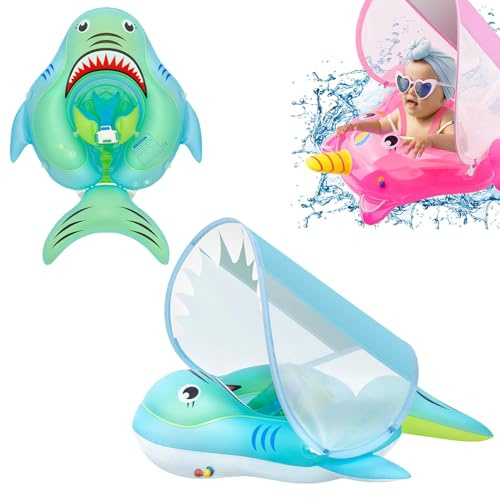 Flotador de natación para bebé recién Nacido de 3 a 12 Meses, Anillo Inflable de tiburón Azul con Asiento de toldo para el Sol, Cola Antideslizante, Anillo de natación Flotante para bebés y niños