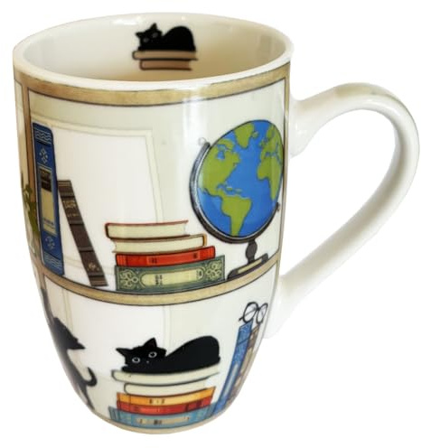 KIUB Très grand mug porcelaine arrondi - motif chats jouant sur les étagères de la bibliothèque- hauteur 12CM - contenance 490ML - boite assortie