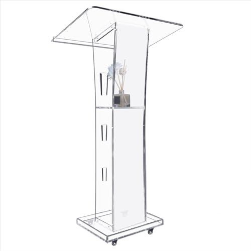 Vakiorn Acrylic Clear Podium Stand with 4 Wheels, 43” Pulpit for Churches with 15 Colors Adjustable, Modern Lectern with Storage Shelf for Classroom, Conference, Wedding and More