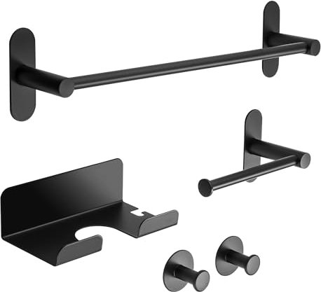 Mooche Towel Rail Bathroom Hardware Set 5-Piece, Black Bathroom Accessories, Set 35CM Towel Rail 1 Paper Towel Holder 1 Hair Dryer Rack 2 Self Clothes Hook 304 Stainless Steel Adhesive Wall Mounted