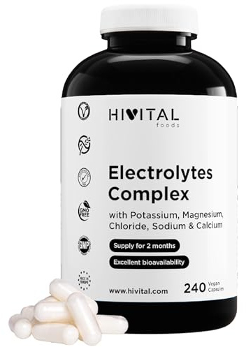 Electrolitos Complex. 240 cápsulas veganas para 2 meses de tratamiento. Con las Sales Minerales: Potasio, Magnesio, Cloruro, Sodio y Calcio. Dosis óptima. Fabricado en España por HIVITAL