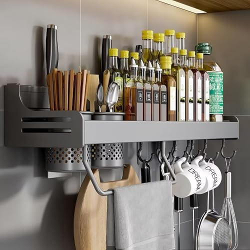 ZOKT Spice Rack Organiser, Spice Racks Wall Mounted, With Adhesive Stickers Kitchen Spice Organiser, Wall Mounted Spice Rack is Suitable for Ceramic tile Wall, Glass, Grey 60cm.