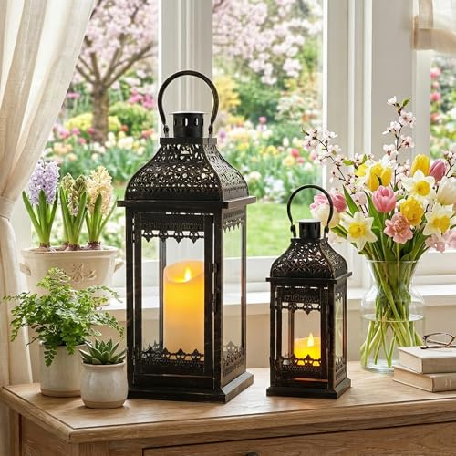 JHY DESIGN 13''&19.5''H Decorative Candle Lanterns Set of 2 Vintage Hanging Lantern Metal Candle Holder for Garden Living Room Indoor Outdoor Parties Weddings Balcony(Black with Gold Brush)