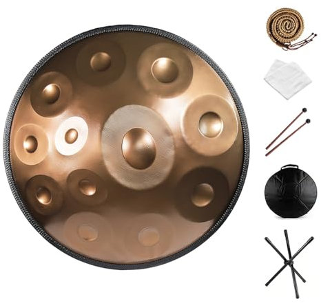 432HZ Handpan Trommeln in d Moll mit Handpan Ständer 56cm Stahl Perkussionsinstrument Handpan für Klangheilung Persönliche Meditation Yoga 9/10/12Noten(Gold,12 Notes)