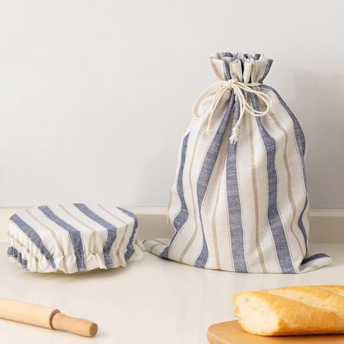 Lot de 2 sacs à pain en lin pour garder au frais avec couvercle du bol – Sacs à pain en lin pour pain, baguette, pain fait maison et autres aliments (30 x 40 cm)