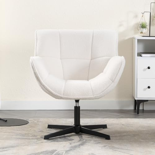 chairus Sillón de Salón Giratorio de Lana Sintética Butaca Lectura Moderna con Base Negra de Cruz, Silla de Ocio Sillón Dormitorio Decorativo con Reposabrazos para Hogar/Sala de Estar, Blanco