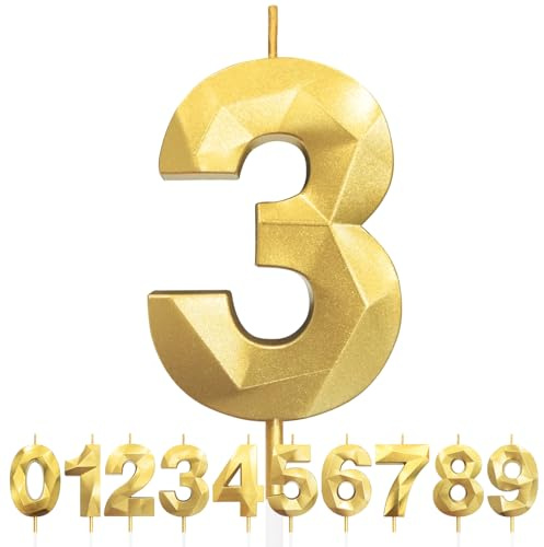 Kerzen zum 3. Geburtstag, Zahl 3, goldene Geburtstagskerzen für Kuchen, Diamant-3D-Happy Birthday-Kerzen, Kuchenkerzen-Dekorationen für Geburtstagsparty, Hochzeitstag, Feier-Zubehör