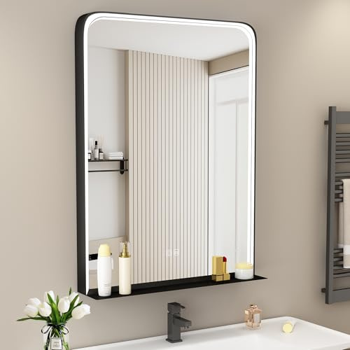 STARLEAD Badspiegel-mit-Beleuchtung und Ablage 80x60cm, LED-Badspiegel mit Entfogging, Dimmbar, 3 Lichtfarben, Speicherfunktion, IP44, Hartglas Badezimmerspiegel, Schwarze Metallrahmen