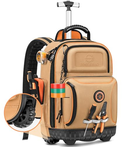 Zaino porta attrezzi con ruota, zaino per attrezzi per elettricisti, in tela resistente, borsa per attrezzi su ruota per lavori di costruzione, 75 tasche e anelli, zaino per attrezzi con base stampata
