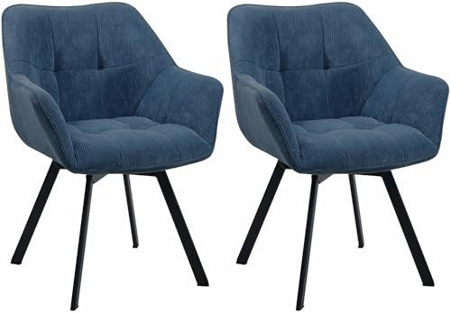 CLP Esszimmerstuhl 2er Set ergonomisch Jordi Cord, drehbar mit Armlehnen, Polstersessel, 4-Fuß-Metallgestell, bis 150 kg, mit Bodenschonern, Farbe:blau