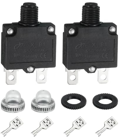 sourcing map 2 interruttori automatici termici da 10 A, 125/250 V AC, 32 V CC, ripristino manuale a pulsante, protezione da sovraccarico, con tappi a pulsante impermeabili, terminali a connettore