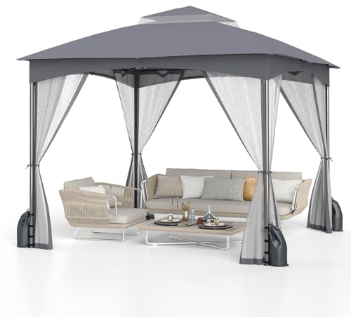 COSTWAY Paviljong 3 x 3 m, trädgårdspaviljong med 4 sandsäckar och 4 myggnät och dubbeltak, vattentätt och stabilt och vinterbeständigt, trädgårdstält inkl. krok, festtält för terrass, trädgård (grå)