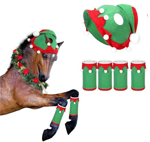 lopituwe Weihnachtsmann Pferdehut und Beinwickel Set, hautfreundlich, Weihnachtspferd Partykostüm Zubehör, 5 teilig, Weihnachten, Typ+3