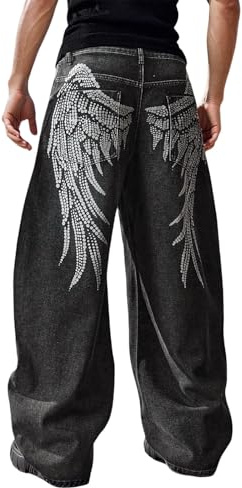 Baggy Jeans da uomo Y2K Loose Fit Pantaloni cargo caldi e comodi jeans denim autunno inverno jeans tradizionali pantaloni da lavoro vintage con tasca gamba dritta pantaloni invernali, O nero., XXL