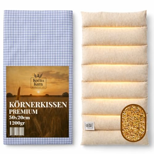 KORN & KERN Manufaktur Grain Pillow XXL 50 x 20 cm - 1200 g Premium Heat Cushion with Cover - Extra Large Microwave Pillow for Neck, Back & Shoulders - Ideal as a Cherry Stone Pillow Alternative