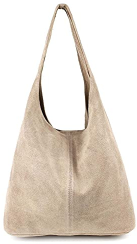 Made in Italy Damen echt Leder Tasche Rindsleder Shopper Schultertasche Umhängetasche Handtasche Beuteltasche Hobo Bag Ledertasche Reisetasche Sport Arbeit Urlaub Daily Bag groß Helltaupe Wildleder