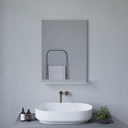 AQUALAVOS Wandspiegel Badspiegel 50x70 cm, Hängespiegel mit Ablage und Aluminiumrahmen in Silber Matt, für Badezimmer, Wohnzimmer & Flur, inkl. Befestigungsmaterial
