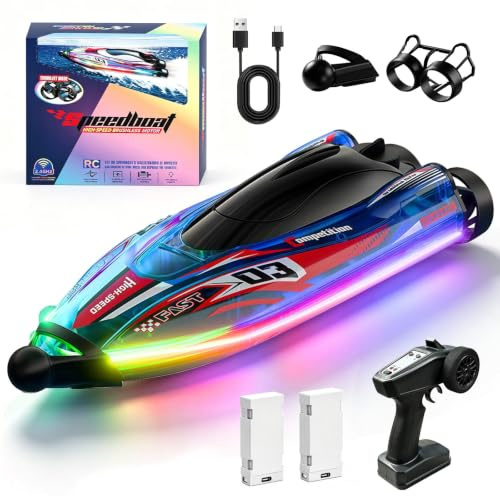 Ferngesteuertes Boot Ultraschnelles 30Km/H, Bürstenloser Motor 360° Automatische Selbstzentrierung Rc Boot Mit Led-Lichtern,Stoßfest Wasserdicht 2,4 Ghz U Speedboot Ferngesteuert Für Pool See