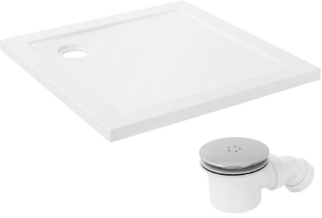 LuxeBath Piatto Doccia Quadrato 80x80 cm Slim, Salvaspazio, in SMC,Superficie Lucid, Ultra Piatto, Altezza 40 mm, Bianco con Piletta e Sifone, Gruppo di Scarico Completo, 3 Modalita di Installazione