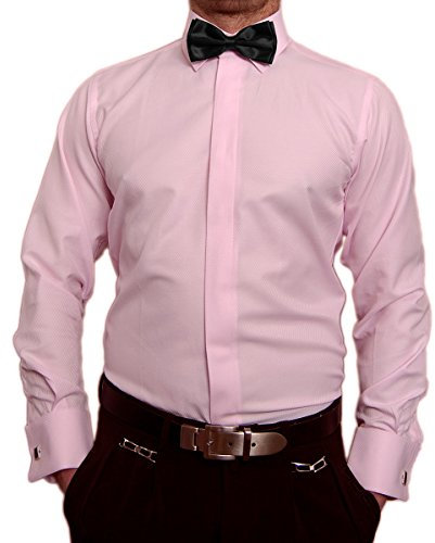 Paco Romano Slim Fit Smoking skjorta rosa struktur svart fluga New Kent krage lång ärm storlek S 38