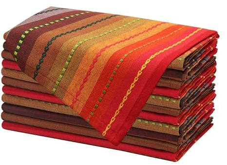 COTTON CRAFT Salsa Stripe Cloth Napkins - 12 Pack - Luncheon Brunch Dinner Table Napkins - 100% Cotton Everyday Harvest Autumn Fall Orange Holiday - Reusable Washable Absorbent - 17x17- Red Rust Multi