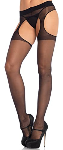 Leg Avenue Women's High Waist Sheer Suspender Pantyhose Stockings, Queen, Black