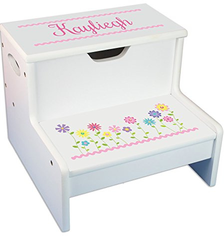 My Bambino Personalized Kids Step Stool | Stemmed Flowers White Childrens Step Stool with Storage | Custom Name Toddler Bathroom & Kitchen Helper | Great Baby Gift