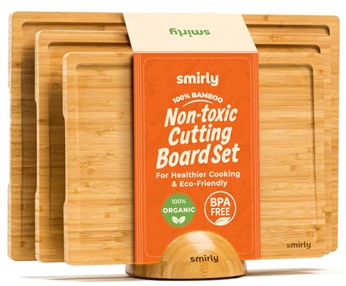 SMIRLY Wooden Cutting Boards For Kitchen Meal Prep & Serving - Bamboo Cutting Board Set with Holder, Charcuterie & Chopping Board, Wood Cutting Board Set, Kitchen Gadgets