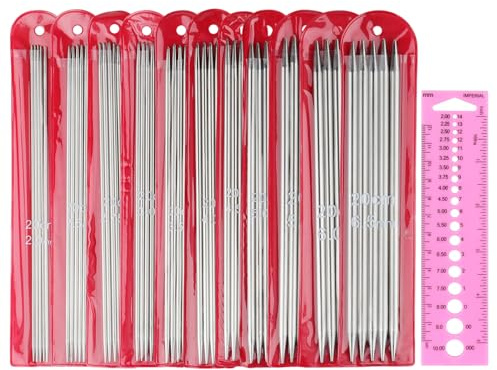 Coopay Dubbla sticknålar, dubbelspetsig sticknål kort metall 20 cm, DPN-set, rak nålsats för nybörjare och barn, sticknålar 55-pack och stickmätare