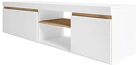 Fabrikit Mesa TV Elis 2 Huecos 3 Puertas salón Comedor Blanco Mate y Naturale Estilo nórdico Mueble 41x160x40 cm