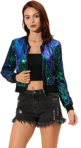 Allegra K Damen Pailletten Bomberjacke | Langarm Glitzer Party Jacke