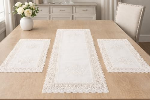 Corredocasa Set Centro Centrini Runner Copritavolo da Sala Ricamati Eleganti e Raffinati Ottima Manifattura Misto Lino Disponibili in Pizzo o Macrame' o Tulle (Bianco, Set 3 Pezzi Intaglio Cuori)