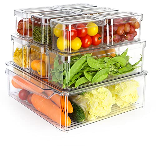 MXTIMWAN Kühlschrank Organizer 10er Set, Fridge Kühlschrank Organizer Mit Deckel, Stapelbare Aufbewahrungsbox Kühlschrank Boxen fur Küchen, Kühlschrank, Schränke Regale, Badezimmer-BPA Frei