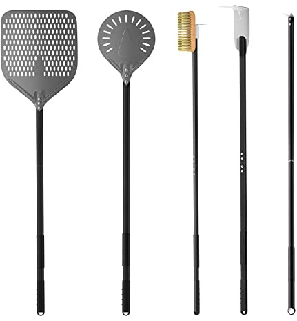 G.a HOMEFAVOR 12 inch Perforated Pizza Peel 9inch Pizza Turning Peel Pizza Brush Pizza Ash Rake and Pizza Fork 5PCS Pizza Oven Kits