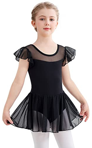 Aiseyi Ropa de ballet para niña, fruncido, manga corta, vestido de ballet, vestido de ballet, vestido de ballet, vestido de ballet, vestido de ballet, vestido de ballet para niños, Negro , 120