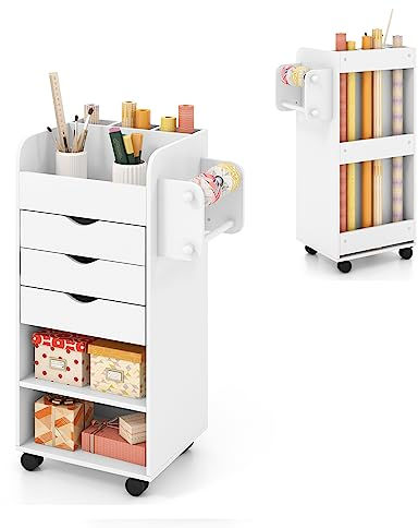 COSTWAY Rollcontainer mit 3 Schubladen Weiß, Bastelwagen mit 2 Rollstangen & 3 Fächern, Schubladenschrank aus Holz auf Rädern, Rollwagen Mehrzweckwagen für Büro Arbeitzimmer