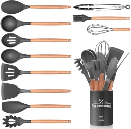12 Stück Küchenhelfer Set, Silikon Küchenutensilien Set, Antihaft Hitzebeständiger Holzgriff Kochbesteck mit Utensilienhalter, Silikonspatel Kochgeschirr Set, Spülmaschinengeeignet (Grau)
