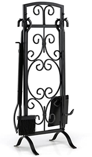 COSTWAY 5 Piece Fireplace Tools Set, Iron Fireside Companion Set-Brush, Poker, Shovel and Tong, Easy Assembly Fireplace Accessories Fire Pit Stand (24 x 23 x 76 cm)