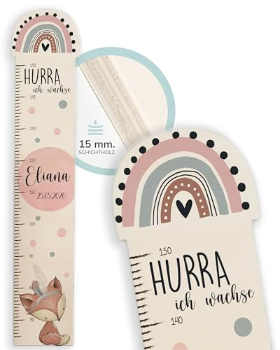 Kidsmood Messlatte für Kinder aus Holz, personalisiert mit Wunschnamen, Regenbogen Messlatte Kind Holz, individuelle Dekoration für Baby- & Kleinkinderzimmer